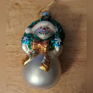 Snowman W/ Christmas Wreath Handmade Glass Holiday Ornament Size 4” H X 2” W
